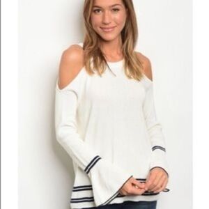 WILD HONEY Sweater Cold Shoulders White Navy Womens Sz‎ S Nautical Charm Preppy